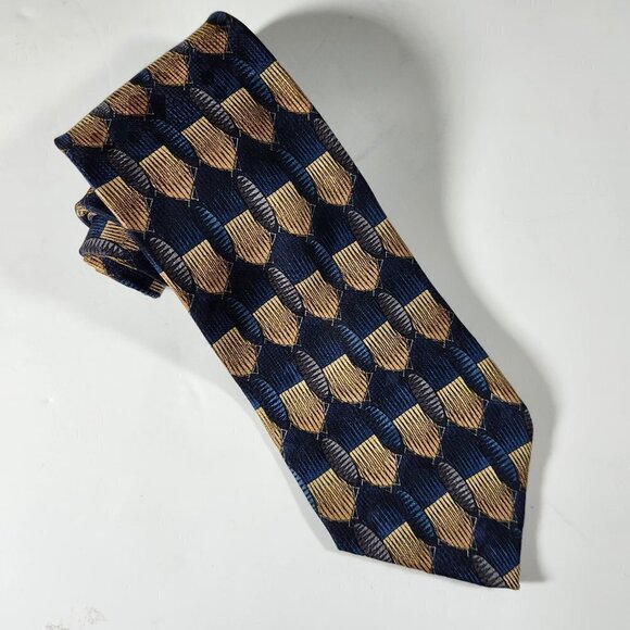 Bill Blass Necktie Men's Tie Silk Blue Gold and Grey Geometric Pattern - Picture 1 of 7